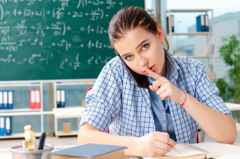 Élève en classe tenant un smartphone et faisant un geste de silence